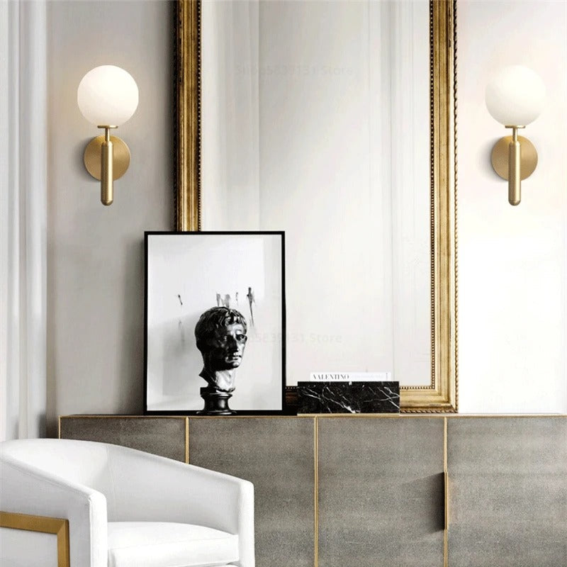 Globe Wall Sconce with 5.5-Inch Glass Shade Black and Gold Finish Bedroom Hallway Ambient Light E14 Socket Modern Minimalist Design for Entr
