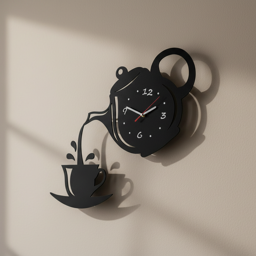 Horloge murale théière Marova - Acrylique miroir 3D, design à quartz silencieux