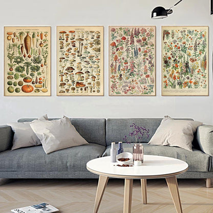 Framed Nature Illustration Canvas Prints – Classic Plant & Flower Wall Art for Living Room, Bedroom, Home Office Décor