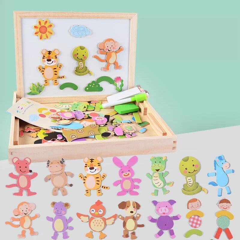 Double-Sided Wooden Drawing & Puzzle Board for Kids – Magnetic Pieces, Dry-Erase & Chalkboard, Travel Storage Case