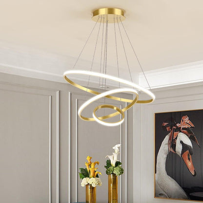 Triple-Ring LED Chandelier – Adjustable Dimmable Modern Ceiling Light – Black, Gold, White – 24x16x8 Inch Rings – Contemporary Hanging