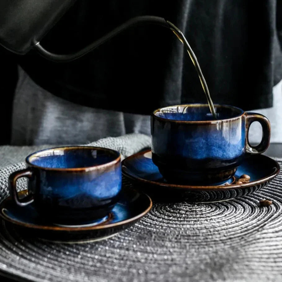 Bone China Coffee and Espresso Cup with Saucer Set - Deep Blue Ceramic Drinkware for Tea, Coffee, and Hot Beverages - Elegant Mug and Plate