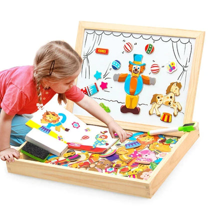 Double-Sided Wooden Drawing & Puzzle Board for Kids – Magnetic Pieces, Dry-Erase & Chalkboard, Travel Storage Case
