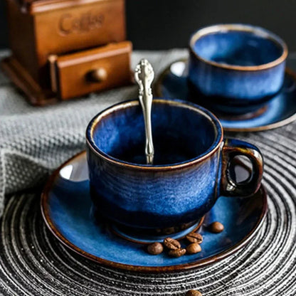 Bone China Coffee and Espresso Cup with Saucer Set - Deep Blue Ceramic Drinkware for Tea, Coffee, and Hot Beverages - Elegant Mug and Plate
