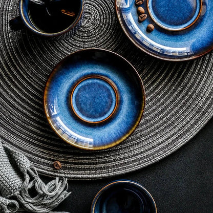 Bone China Coffee and Espresso Cup with Saucer Set - Deep Blue Ceramic Drinkware for Tea, Coffee, and Hot Beverages - Elegant Mug and Plate