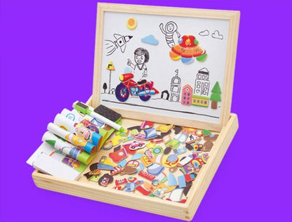 Double-Sided Wooden Drawing & Puzzle Board for Kids – Magnetic Pieces, Dry-Erase & Chalkboard, Travel Storage Case