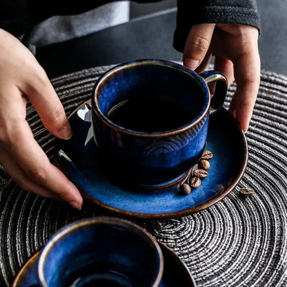Bone China Coffee and Espresso Cup with Saucer Set - Deep Blue Ceramic Drinkware for Tea, Coffee, and Hot Beverages - Elegant Mug and Plate