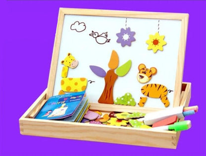 Double-Sided Wooden Drawing & Puzzle Board for Kids – Magnetic Pieces, Dry-Erase & Chalkboard, Travel Storage Case