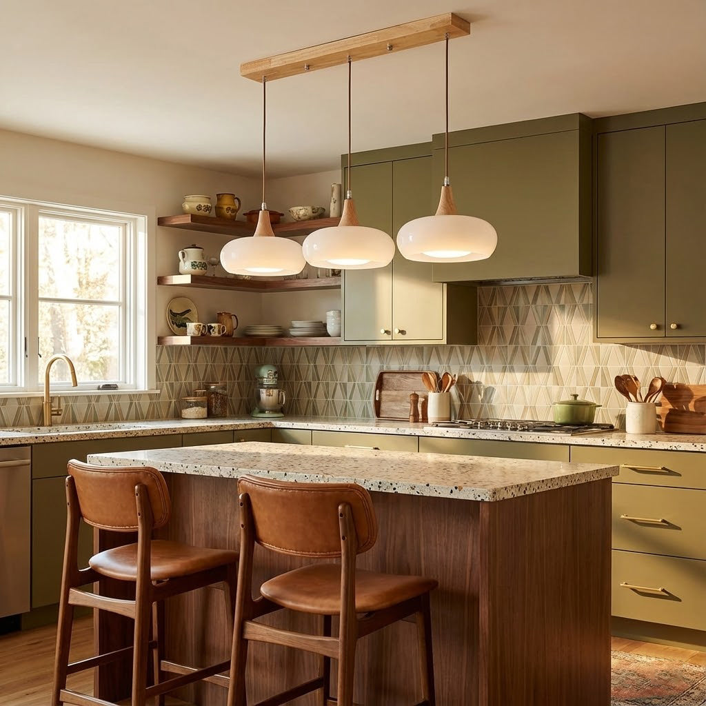 Hanging Light Fixture Metal Glass Wood Multi-Head Kitchen Island Dining Room Ceiling Lamp Indoor E26 E27 Socket Adjustable Wire Modern Home