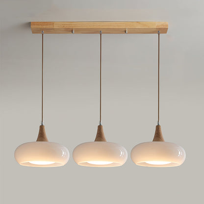 Wood & Amber Glass Pendant Light – Single, Double or Triple Head Design for Kitchen & Dining Room