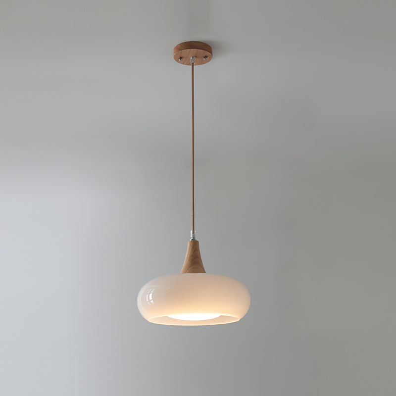 Glass Pendant Light with Wood Canopy & Metal Accents for Kitchen Dining Room Bedroom | Warm Ambient Hanging Ceiling Fixture E26 E27