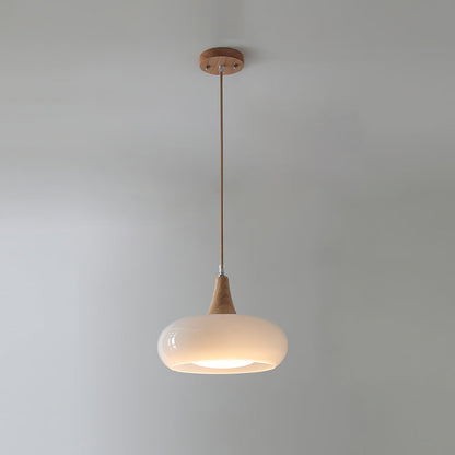 Glass Pendant Light with Wood Canopy & Metal Accents for Kitchen Dining Room Bedroom | Warm Ambient Hanging Ceiling Fixture E26 E27