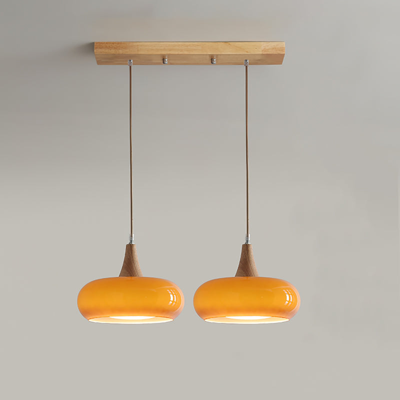 Glass Pendant Light with Wood Canopy & Metal Accents for Kitchen Dining Room Bedroom | Warm Ambient Hanging Ceiling Fixture E26 E27