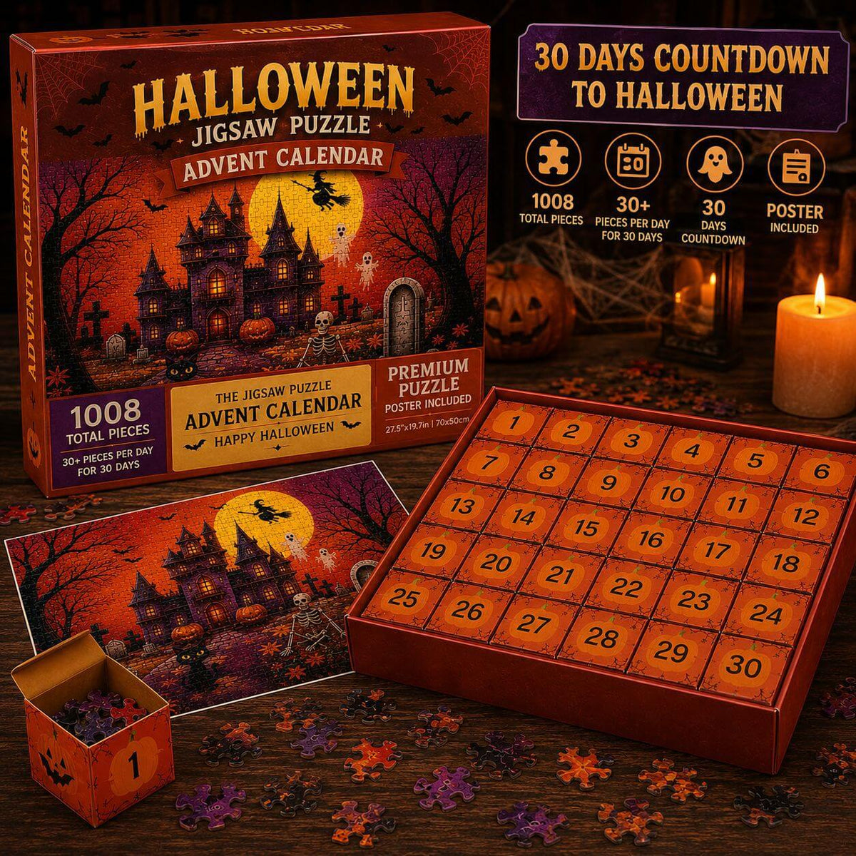 Halloween Advent Calendar Jigsaw Puzzle 1008 Piece, Haunted Castle Halloween Puzzle with 30 Boxes, Halloween Countdown Calendar