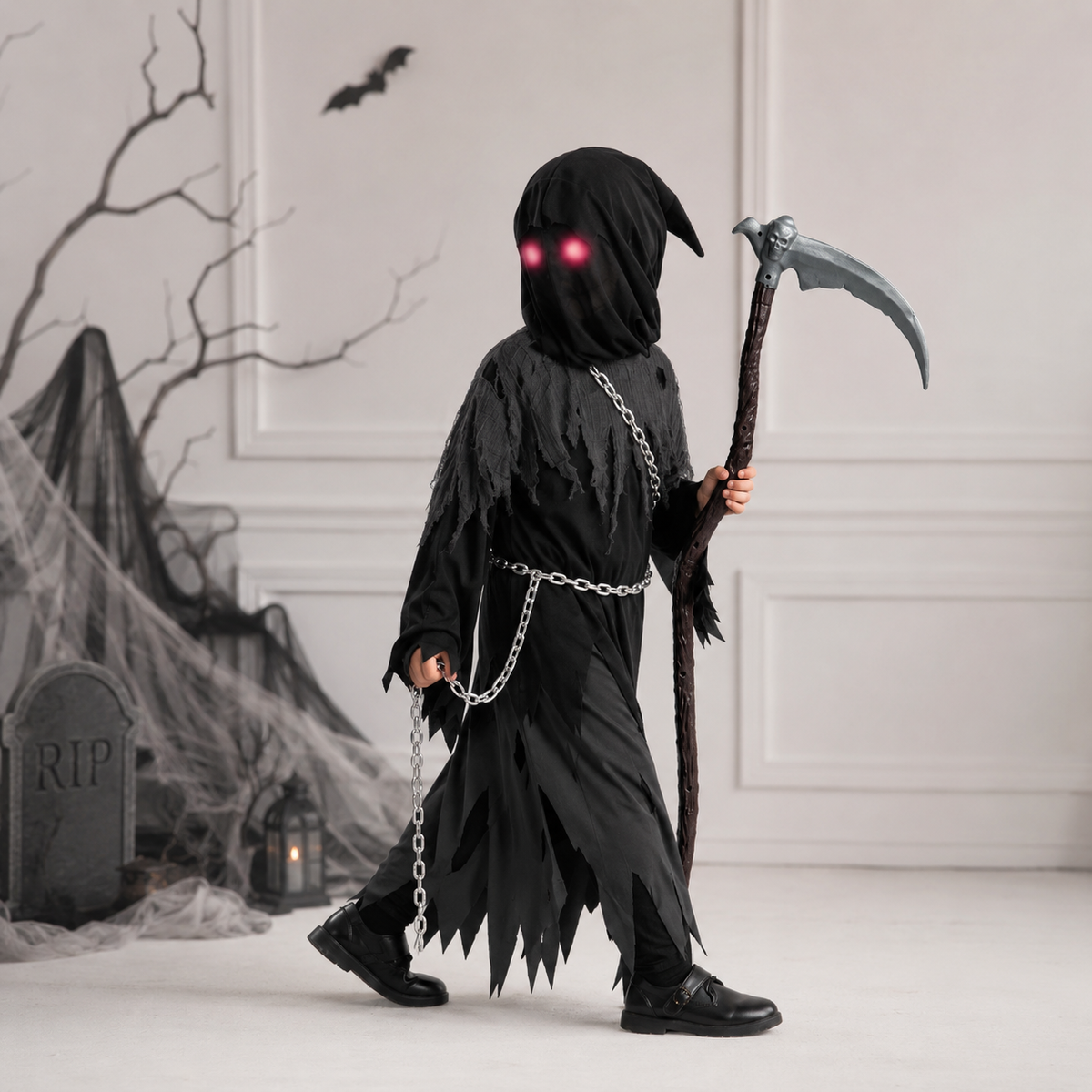 Collection de costumes effrayants | Ensemble robe à capuche de la Grande Faucheuse avec yeux lumineux | Parfait pour s'amuser à Halloween
