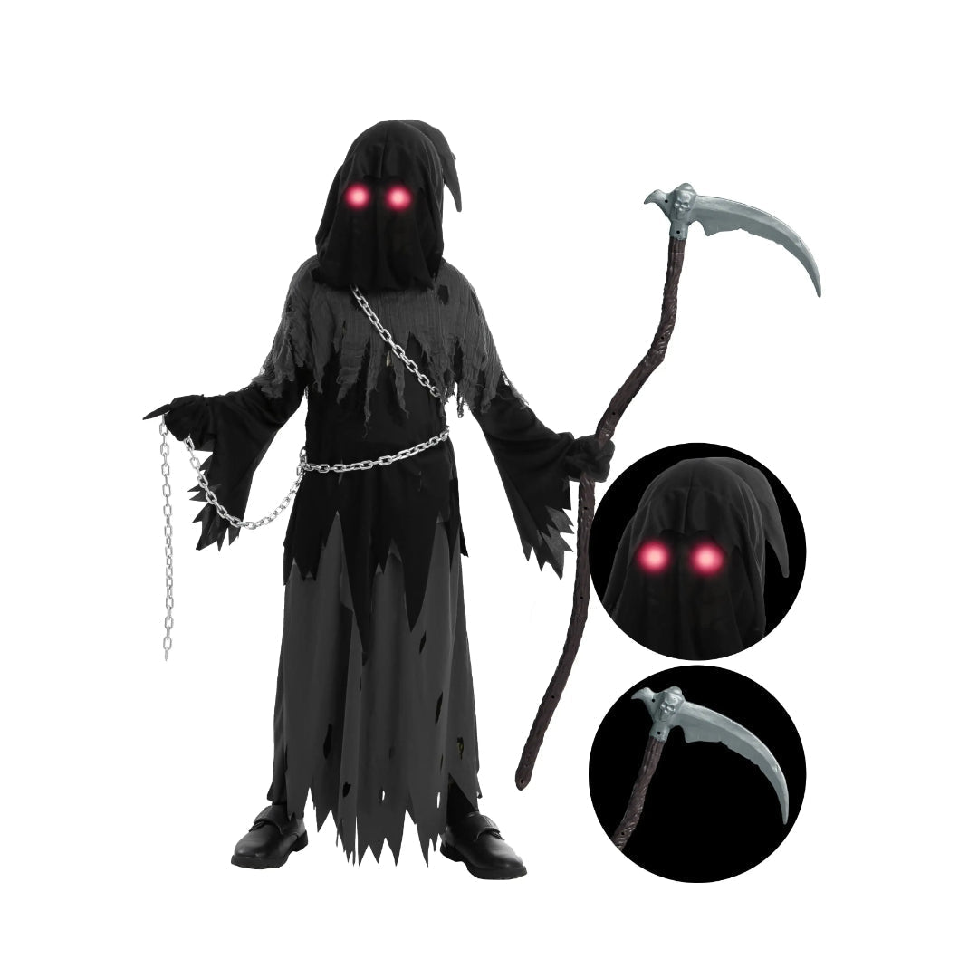 Collection de costumes effrayants | Ensemble robe à capuche de la Grande Faucheuse avec yeux lumineux | Parfait pour s'amuser à Halloween