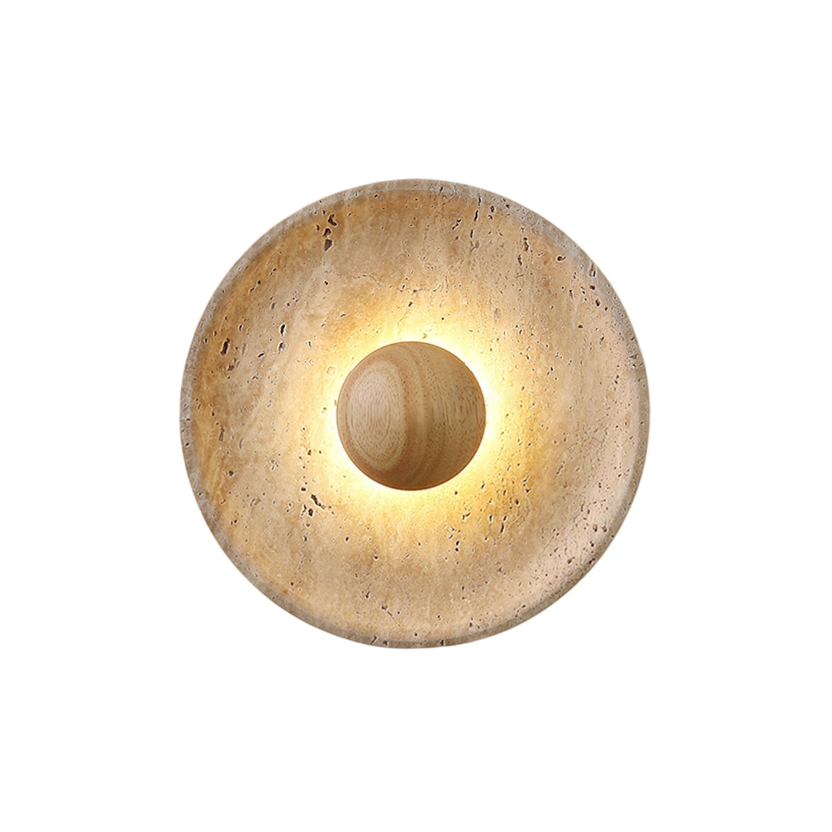 Round Stone & Wood Sconce – Ambient Wall Lighting for Bedroom, Entryway & Lounge – Natural Texture Fixture with Gentle Diffused Glow – Moder