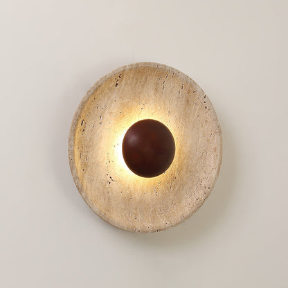 Travertine Sun Wall Sconce with Wood Sphere – Sculptural Halo Accent Light for Modern Living Room & Bedroom