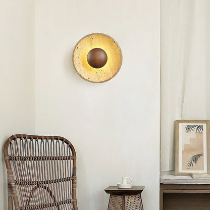 Round Stone & Wood Sconce – Ambient Wall Lighting for Bedroom, Entryway & Lounge – Natural Texture Fixture with Gentle Diffused Glow – Moder