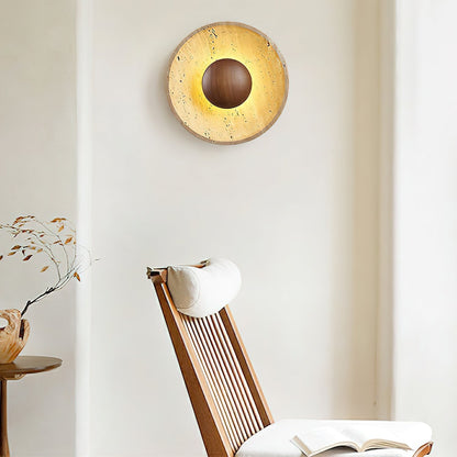 Round Stone & Wood Sconce – Ambient Wall Lighting for Bedroom, Entryway & Lounge – Natural Texture Fixture with Gentle Diffused Glow – Moder