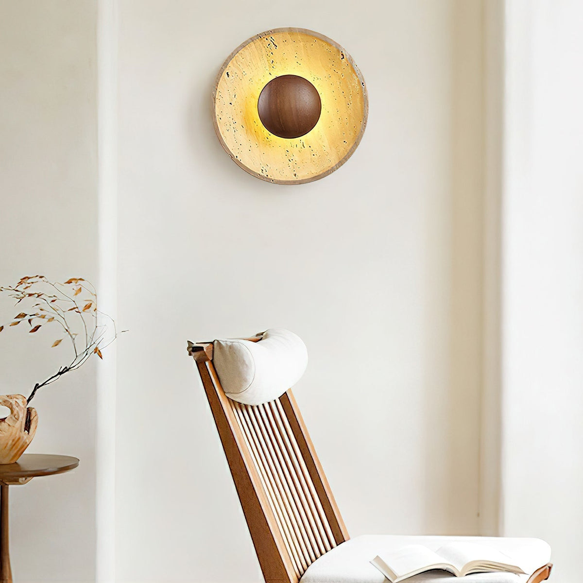 Natural Stone Sconce with Wood Backing 10-Inch Round Ambient Light Fixture for Bedroom Entryway Den