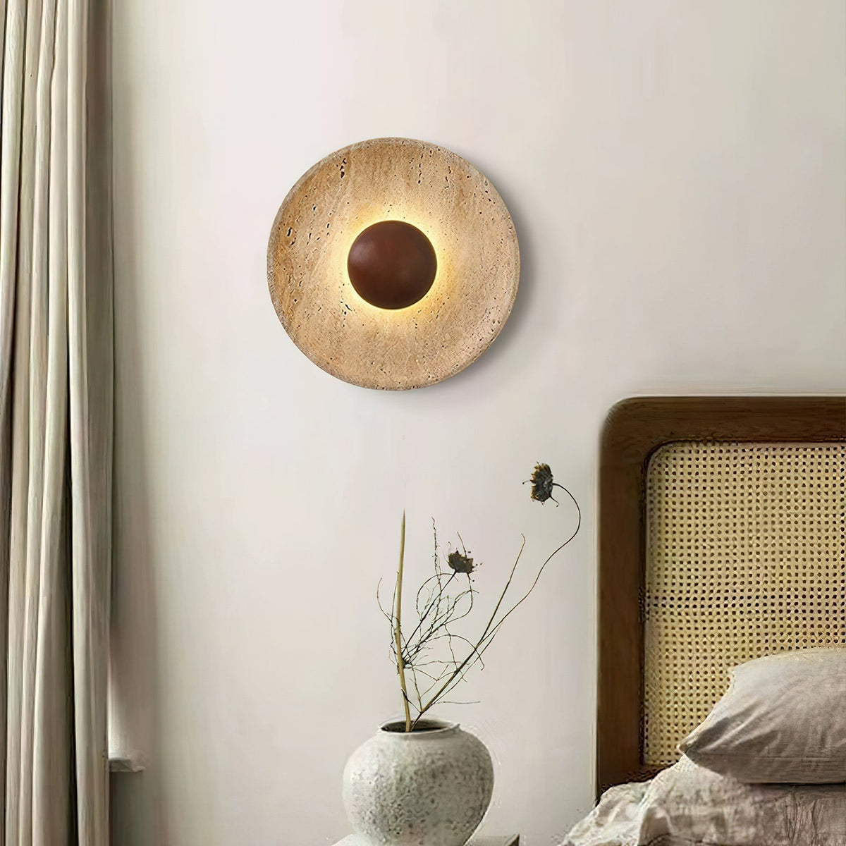 Round Stone & Wood Sconce – Ambient Wall Lighting for Bedroom, Entryway & Lounge – Natural Texture Fixture with Gentle Diffused Glow – Moder