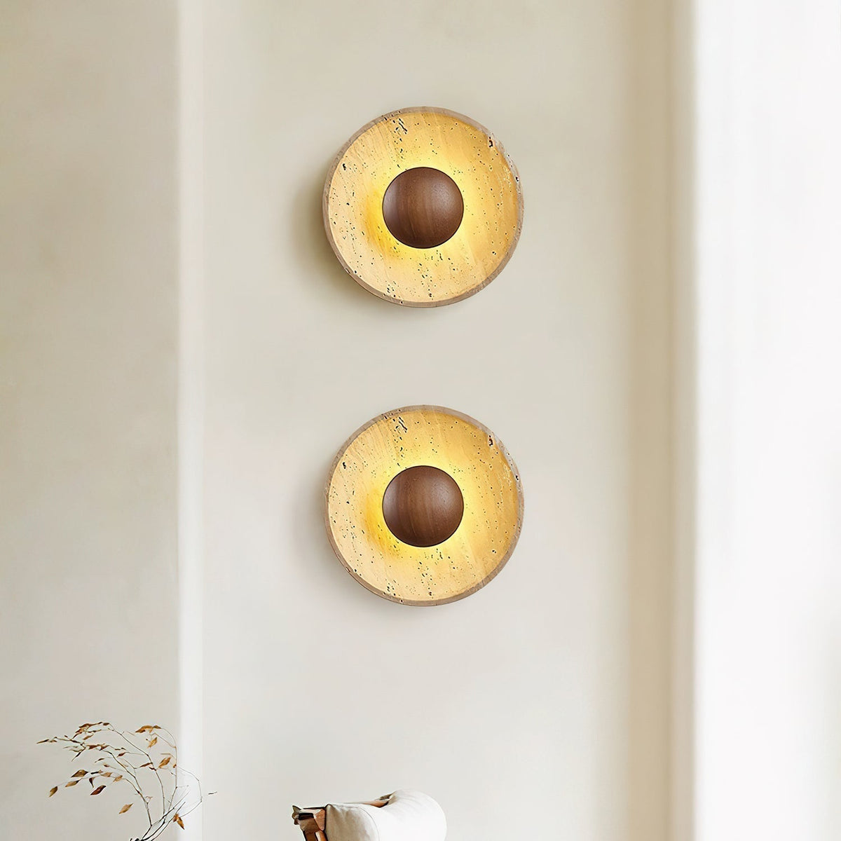 Travertine Sun Wall Sconce with Wood Sphere – Sculptural Halo Accent Light for Modern Living Room & Bedroom