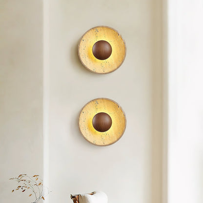 Travertine Sun Wall Sconce with Wood Sphere – Sculptural Halo Accent Light for Modern Living Room & Bedroom