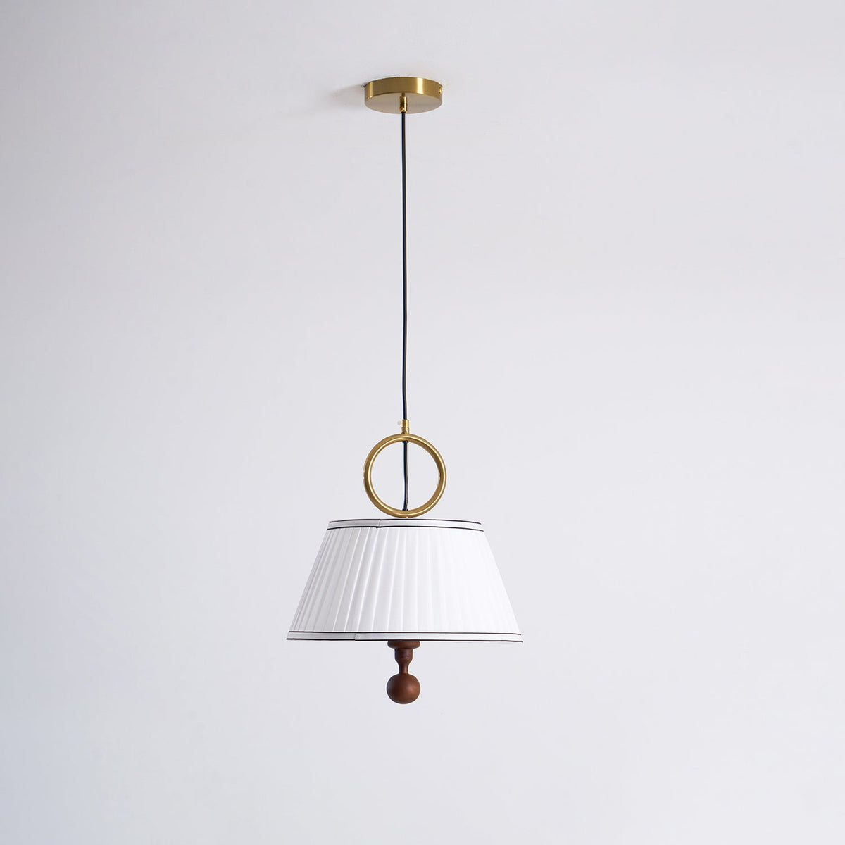 Hanging Ceiling Fixture with Fabric Drum Shade & Walnut Accents for Dining Rooms, Living Spaces, Home Offices 13.8 in Width Adjustable Cable
