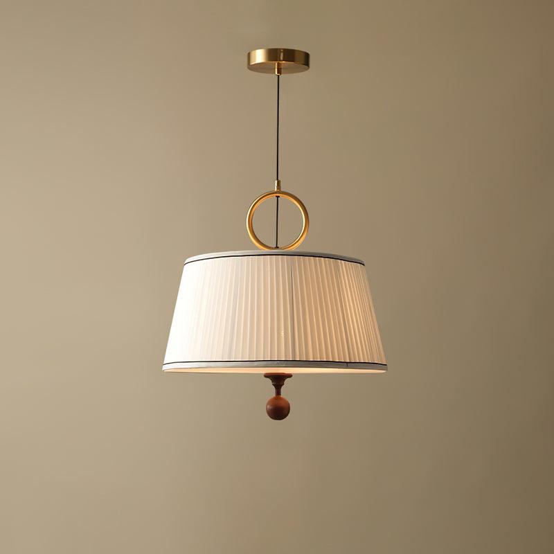 Hanging Ceiling Fixture with Fabric Drum Shade & Walnut Accents for Dining Rooms, Living Spaces, Home Offices 13.8 in Width Adjustable Cable
