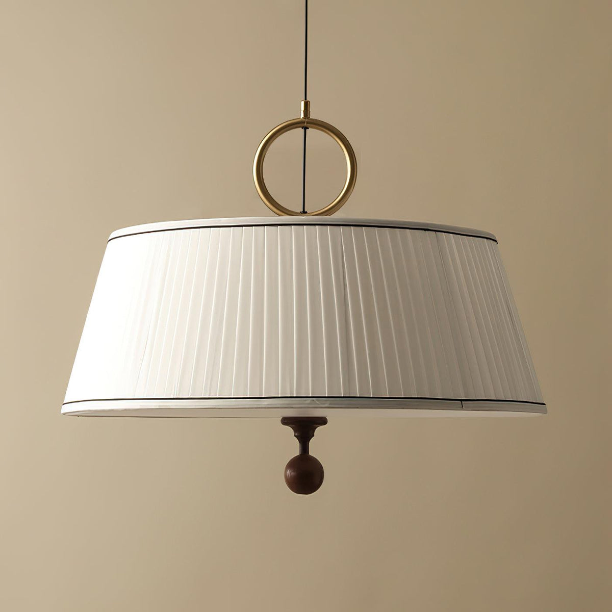 Hanging Ceiling Fixture with Fabric Drum Shade & Walnut Accents for Dining Rooms, Living Spaces, Home Offices 13.8 in Width Adjustable Cable