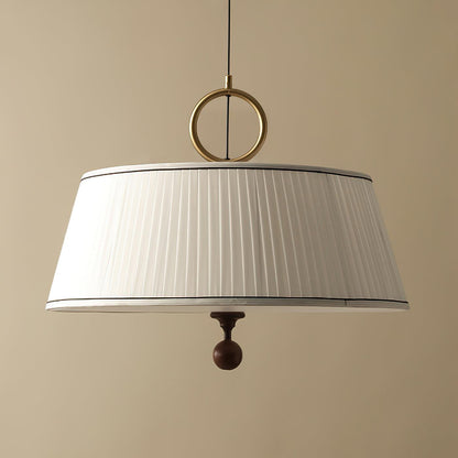 Hanging Ceiling Fixture with Fabric Drum Shade & Walnut Accents for Dining Rooms, Living Spaces, Home Offices 13.8 in Width Adjustable Cable