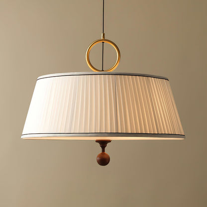 Hanging Ceiling Fixture with Fabric Drum Shade & Walnut Accents for Dining Rooms, Living Spaces, Home Offices 13.8 in Width Adjustable Cable