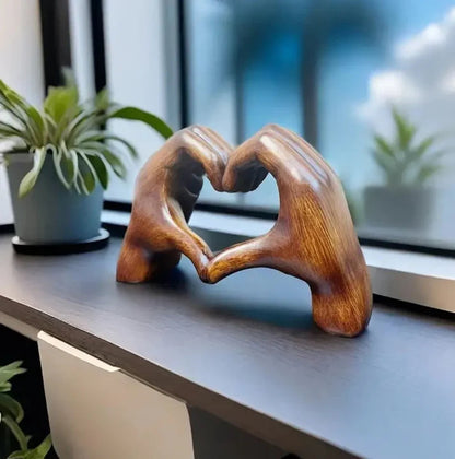 Wooden Heart Gesture Figurine for Shelf Display – Modern Rustic Tabletop Accent for Living Room Bedroom Office – Heartfelt Symbol Home