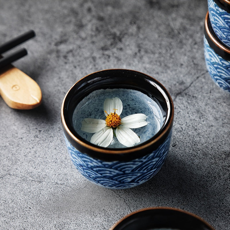 Handmade Japanese Sake Set – 5-Piece Ceramic Sake Drinking Set with Wave Pattern
