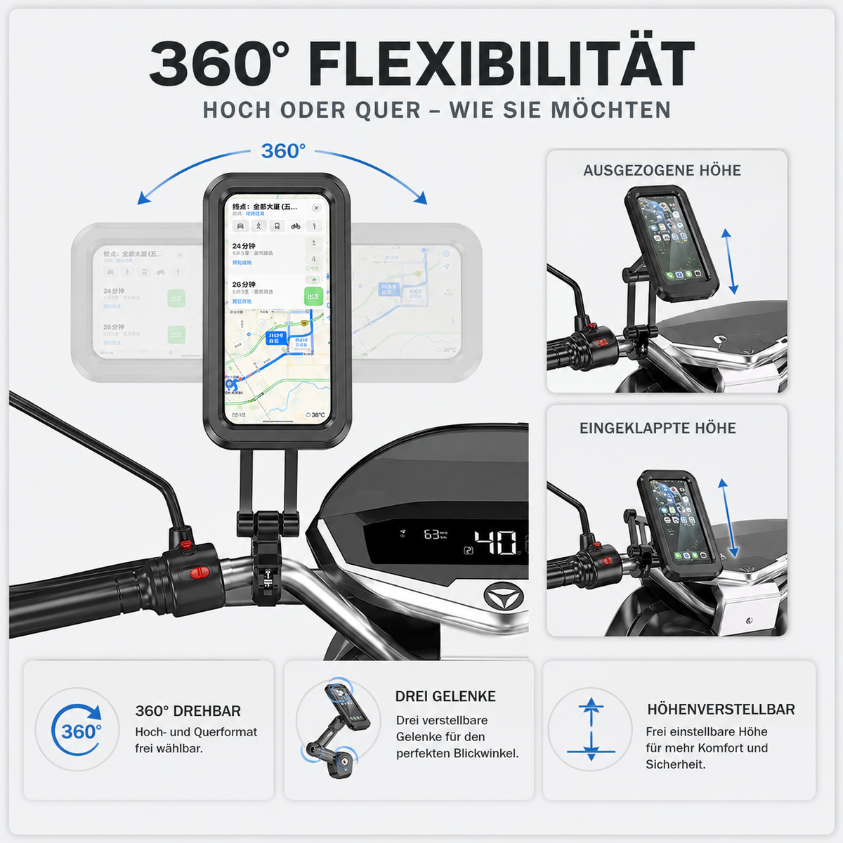 Waterproof Motorcycle Phone Mount with 360° Rotation for Bikes & Scooters – Universal Holder for Smartphones up to 6.7 Inches