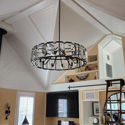 Crystal Prism Ring Chandelier 59-Inch 14-Light Statement Fixture for Dining Room Living Room Foyer Adjustable Height Brass Black Steel