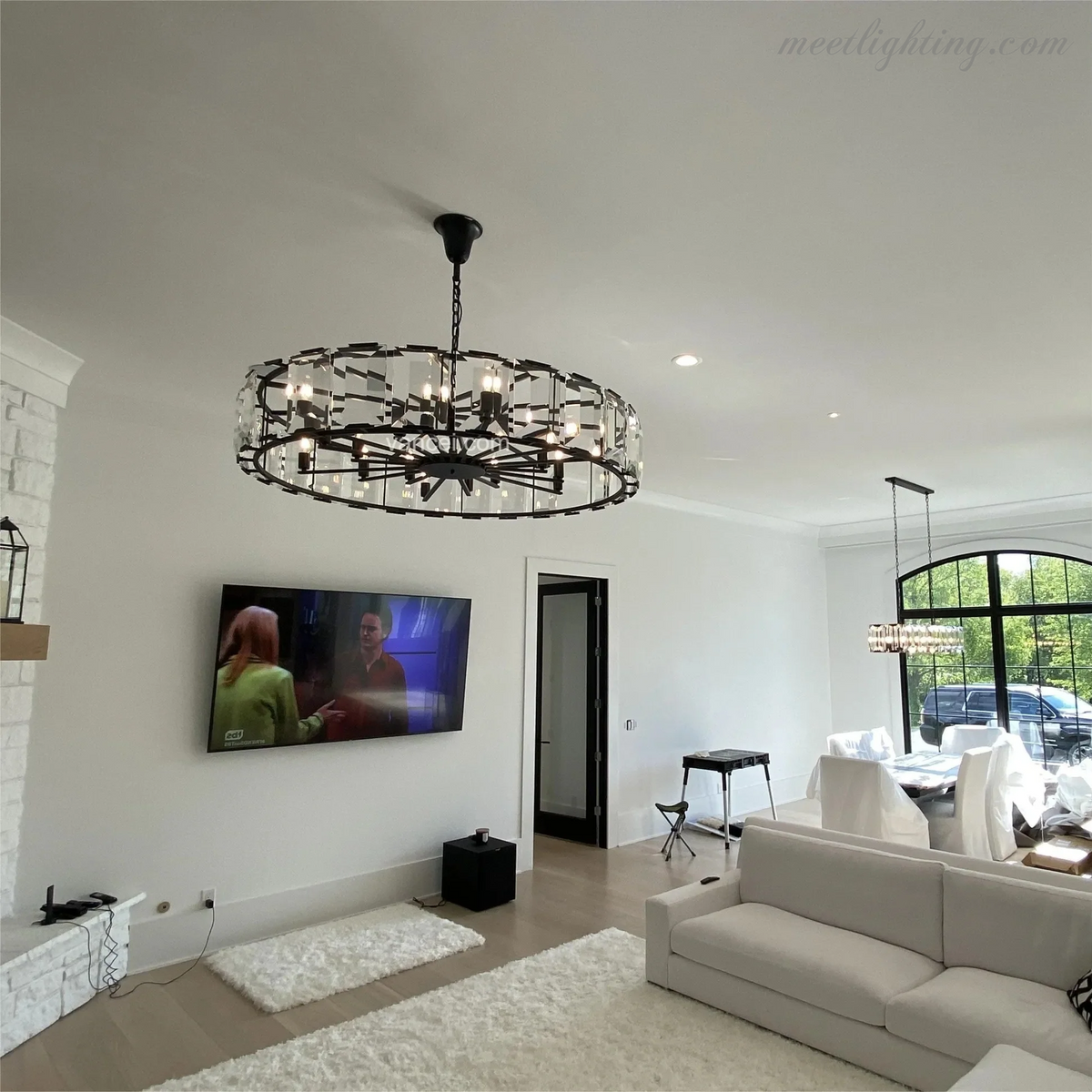 Crystal Prism Ring Chandelier 59-Inch 14-Light Statement Fixture for Dining Room Living Room Foyer Adjustable Height Brass Black Steel
