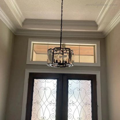 Crystal Prism Ring Chandelier 59-Inch 14-Light Statement Fixture for Dining Room Living Room Foyer Adjustable Height Brass Black Steel