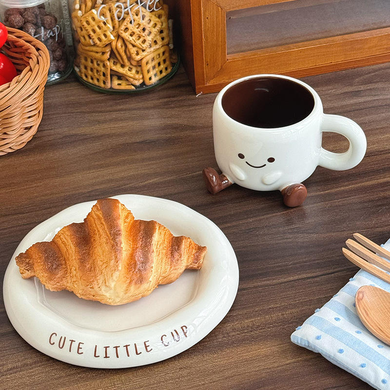 Ceramic Mug and Saucer Set 8.5 oz White with Hand-Painted Smile for Coffee Tea Latte Hot Chocolate Kitchen Gift for Coffee Lovers