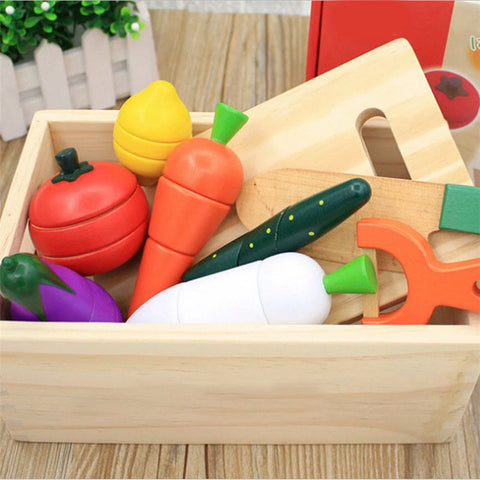 Montessori Kitchen Toy Set | Wooden Fruits & Vegetables with Cutting Functionality | Eco-Friendly Play Food for Skill Development