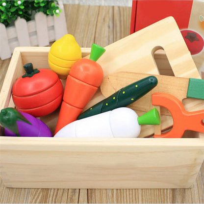 Montessori Kitchen Toy Set | Wooden Fruits & Vegetables with Cutting Functionality | Eco-Friendly Play Food for Skill Development