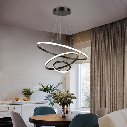 Triple-Ring LED Chandelier – Adjustable Dimmable Modern Ceiling Light – Black, Gold, White – 24x16x8 Inch Rings – Contemporary Hanging