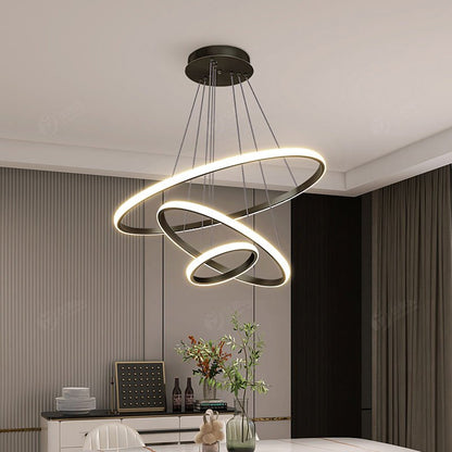 Triple-Ring LED Chandelier – Adjustable Dimmable Modern Ceiling Light – Black, Gold, White – 24x16x8 Inch Rings – Contemporary Hanging