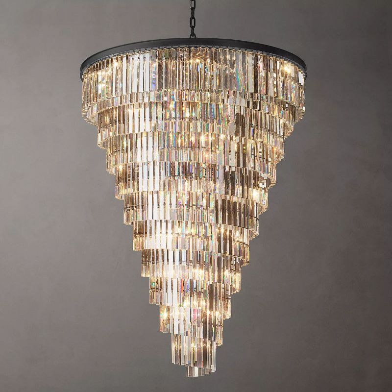 Spiral Crystal Chandelier Statement Ceiling Light Black Iron Glass Prism Layers for Dining Room Living Room Foyer Grand Staircase