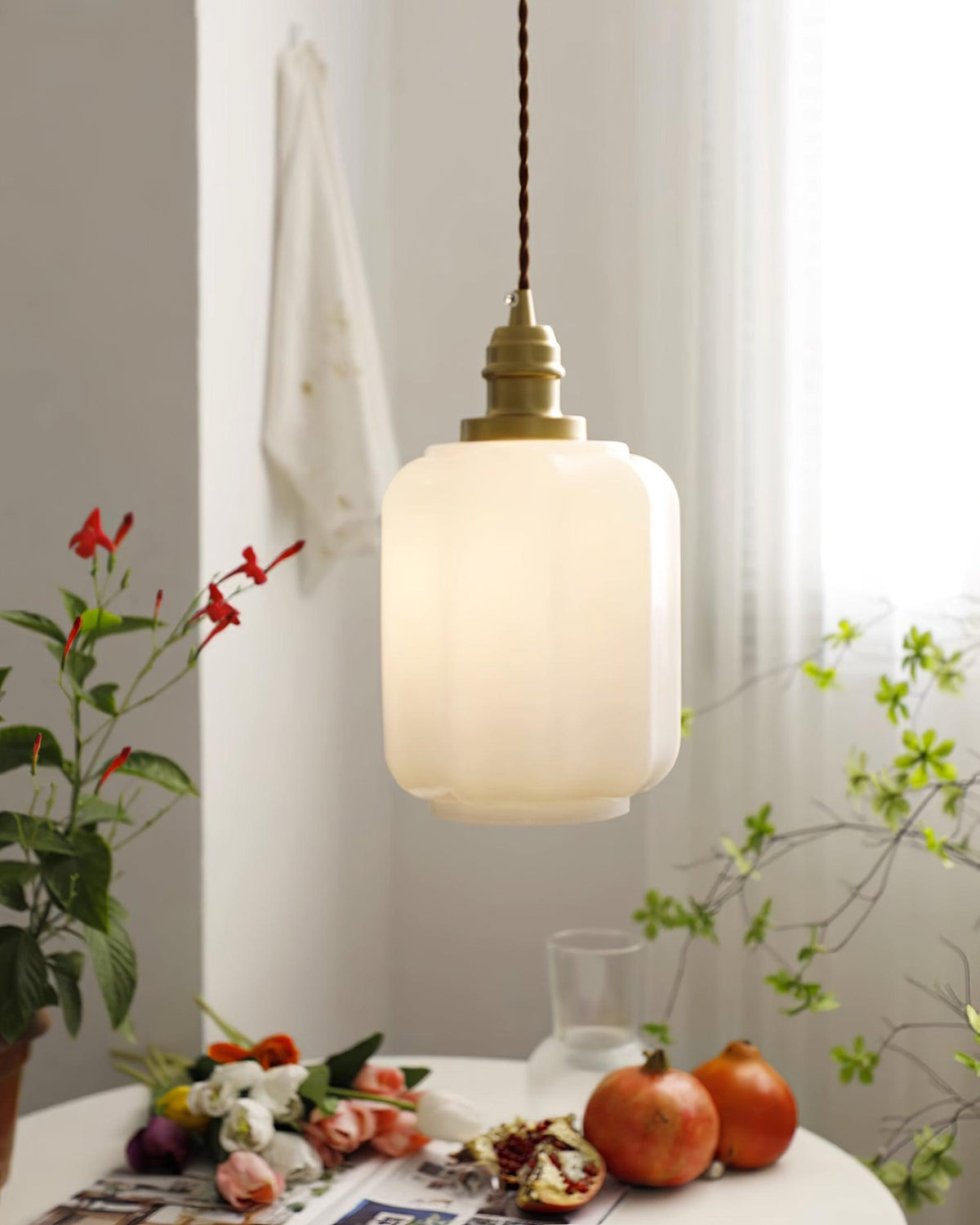 Glass Globe Hanging Light with Adjustable Cord White Brass Ceiling Fixture for Bedroom Dining Room Kitchen Island Brass Finish 6 Inch Pendan