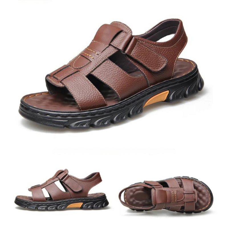 Men's Leather Sandals with Arch Support – Breathable Open-Toe Footbed for Walking & Summer Wear