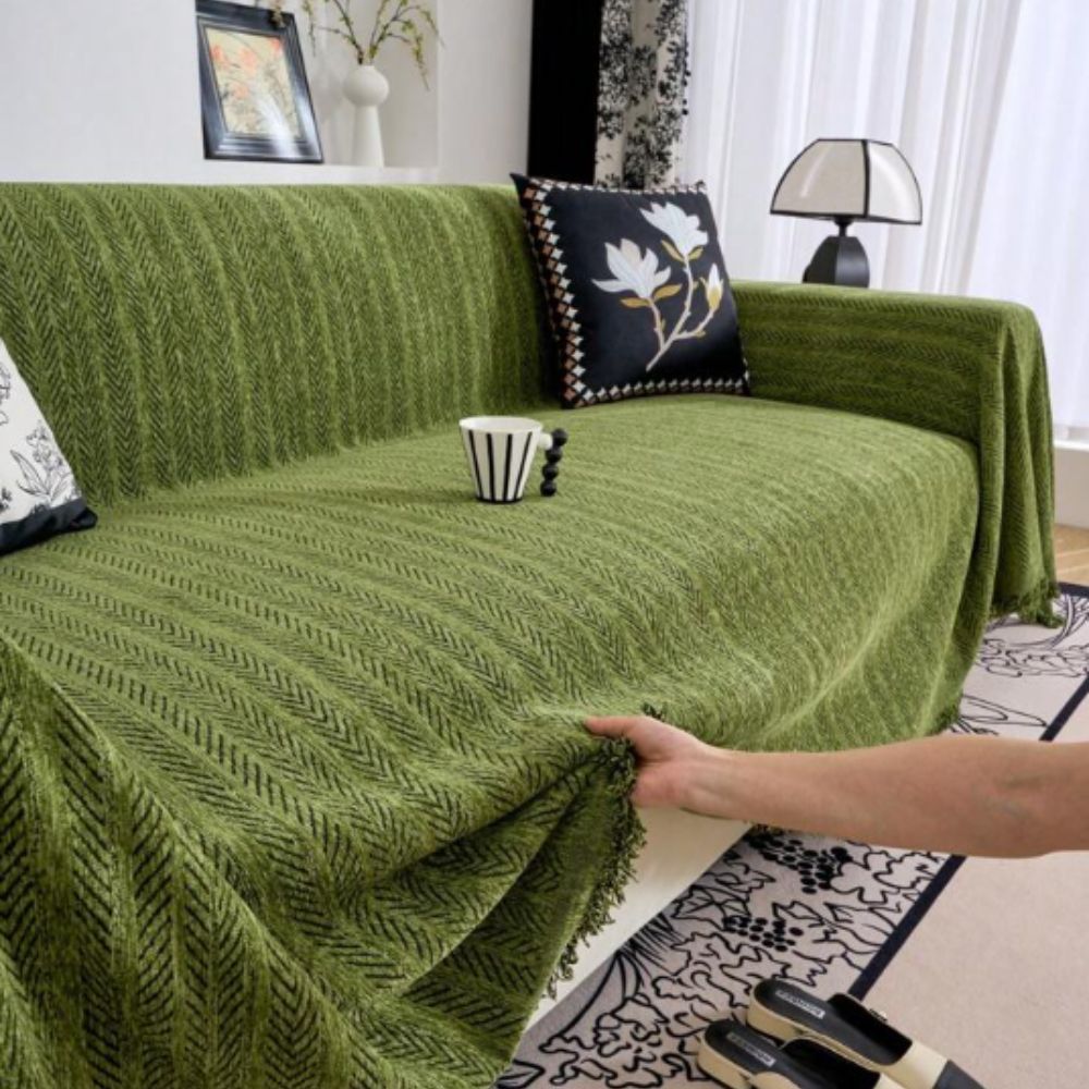 Textured Chenille Sofa Throw Cover with Tassels – Non-Slip Pet-Proof Furniture Protector for Couch