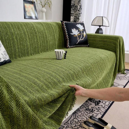 Textured Chenille Sofa Throw Cover with Tassels – Non-Slip Pet-Proof Furniture Protector for Couch