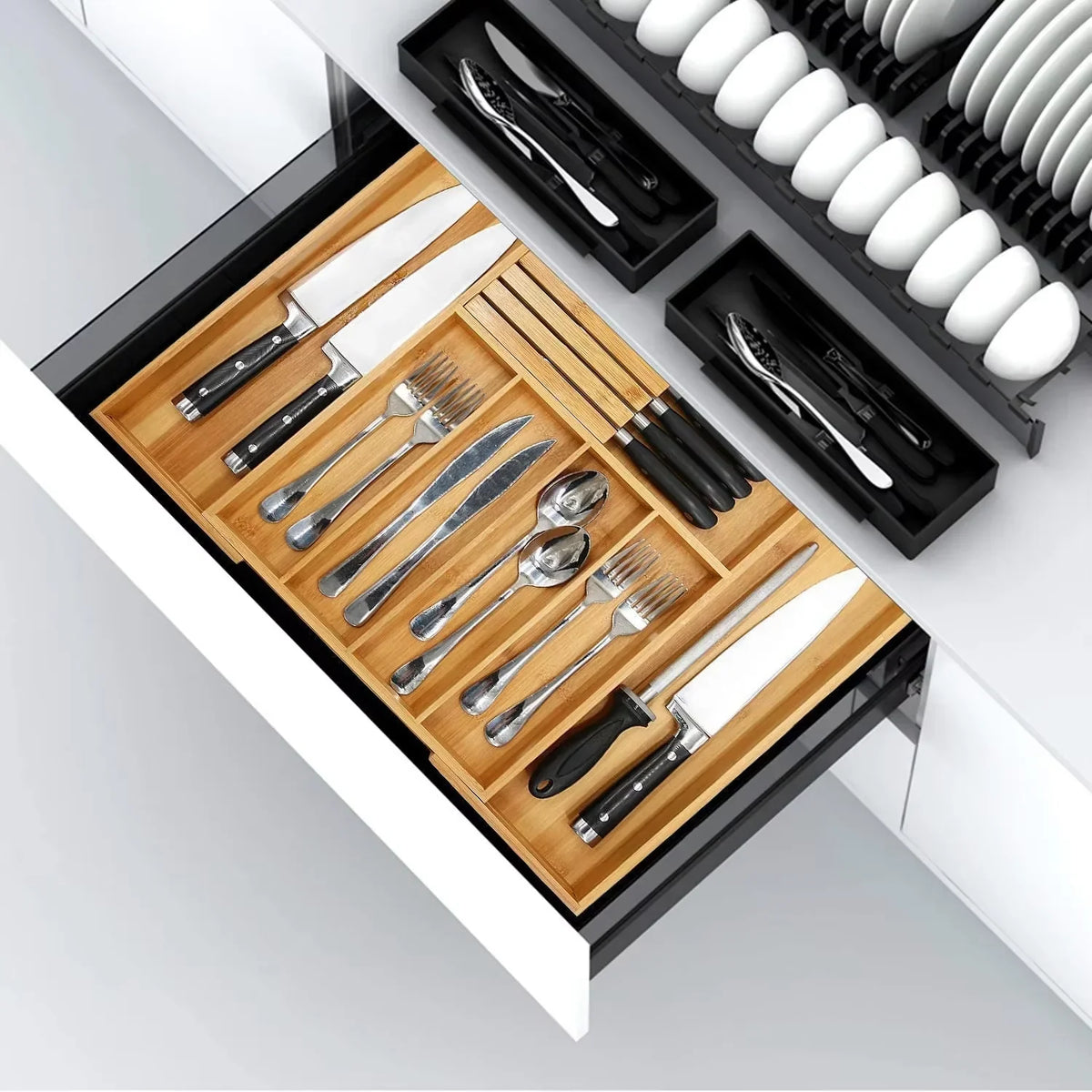 Bamboo Drawer Organizers Expandable Set, Kitchen Drawer Organizer for Utensils, Desk Drawer Organizer for Office